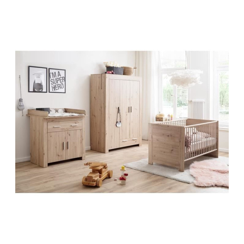 Chambre bébé Trio : Lit 70 x 140 cm + Commode a langer + Armoire AHOI - Chene - TREND TEAM