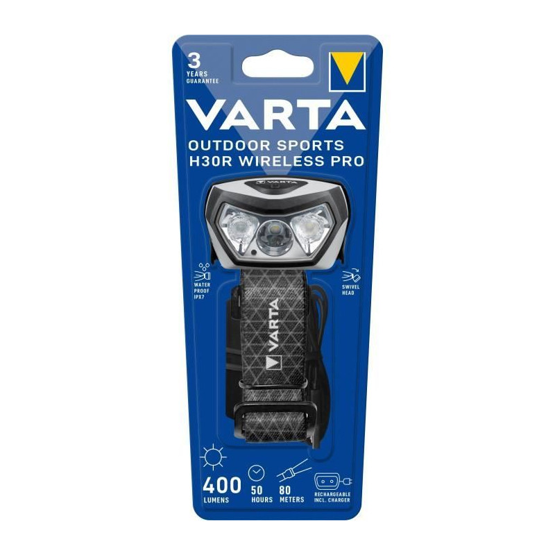 Frontale-VARTA-Outdoor Sports H30R Wireless Pro-400lm-Rechargeable-IPX7-3 modes lumineux-2 couleurs-Station de charge incluse