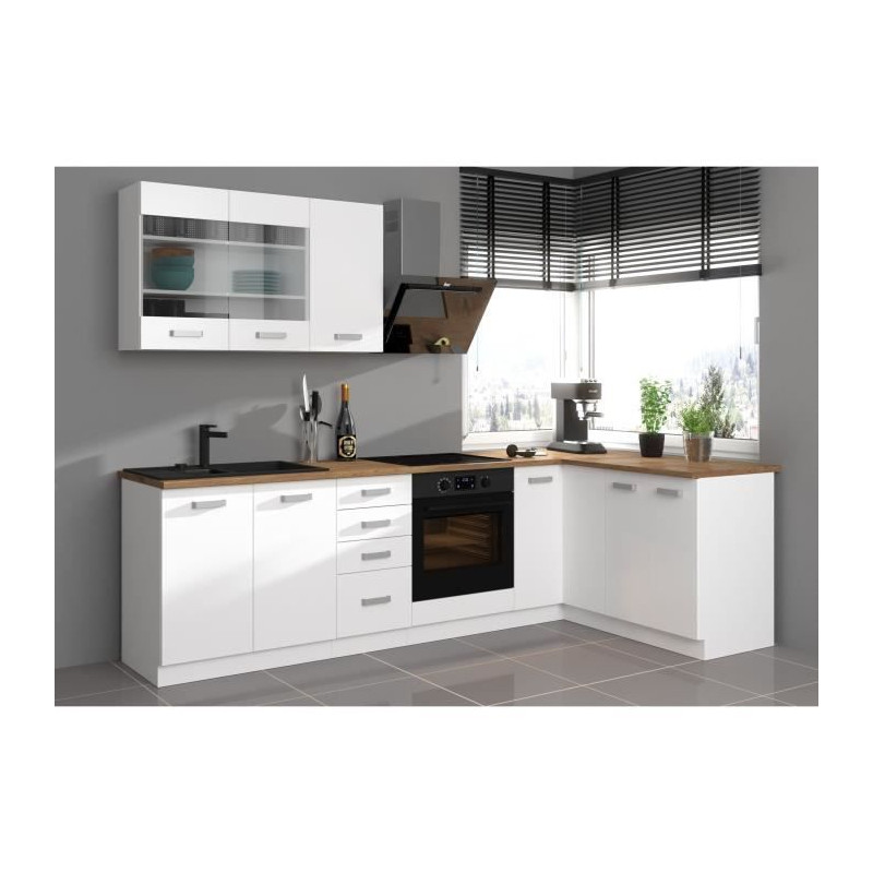 ATLAS Cuisine complète d'angle 8 éléments (reversible droit / gauche) -  Décor blanc - L270 cm - Plan de travail non inclus - Cdiscount Maison