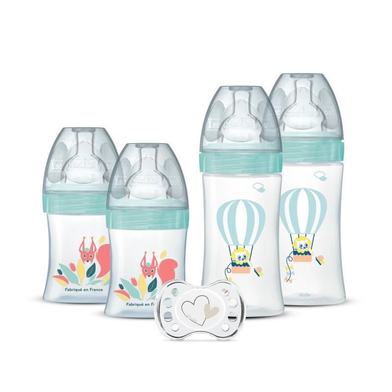 DODIE Lot de 4 biberons naissance Tétine Plate Anti-Colique (2x150mL et 2x270mL), + une sucette naissance