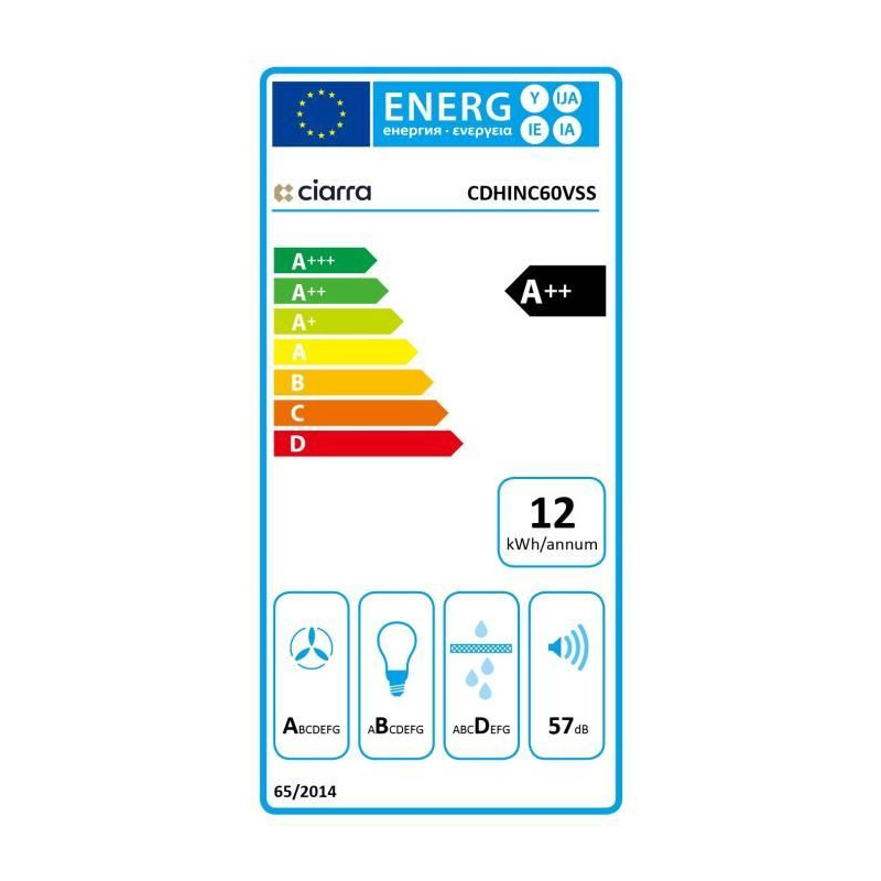 Hotte inclinée CIARRA CDHINC60VSS - 60 CM - 700m3/h - Verre Silver - A++