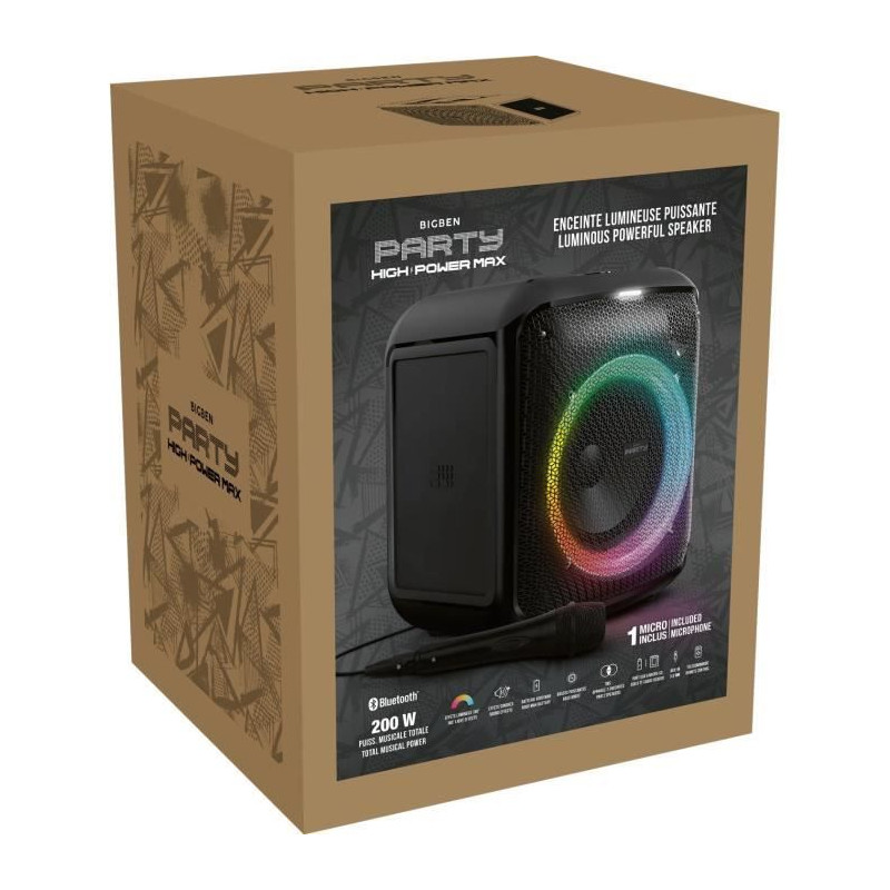 BIGBEN PARTYBTHPMAX - Enceinte lumineuse sans fil - Bluetooth 5.3 - 200W - USB, SD, Aux-In - Micro filaire (idéal Karaoké)