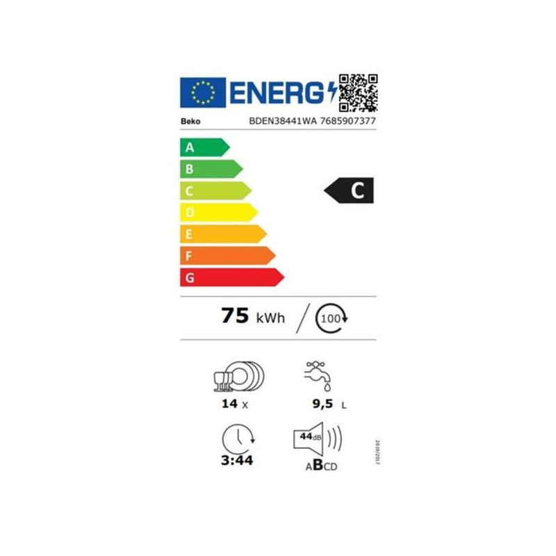 E9-BLDC, 8, prgm, 14, PS, C, 9.5, 44 dBA, Yes with AquaIntense, Liquid BEKO - BDEN38441WA