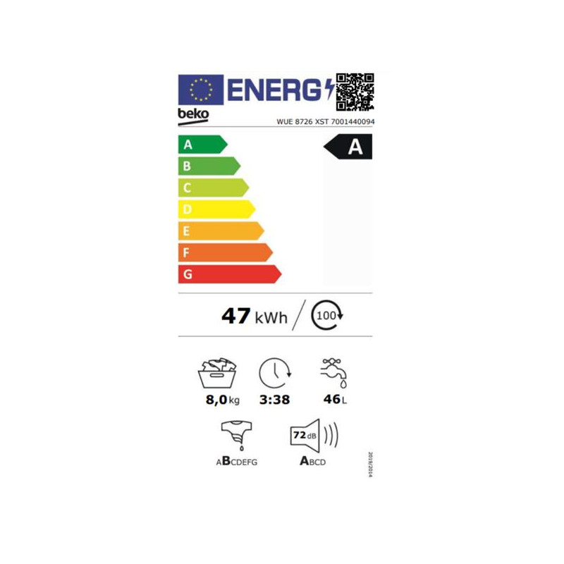 Lave-linge Frontal | BX2 | Capacité max. (kg) : 8.0 | Vitesse d'essorag BEKO - WUE8726XST