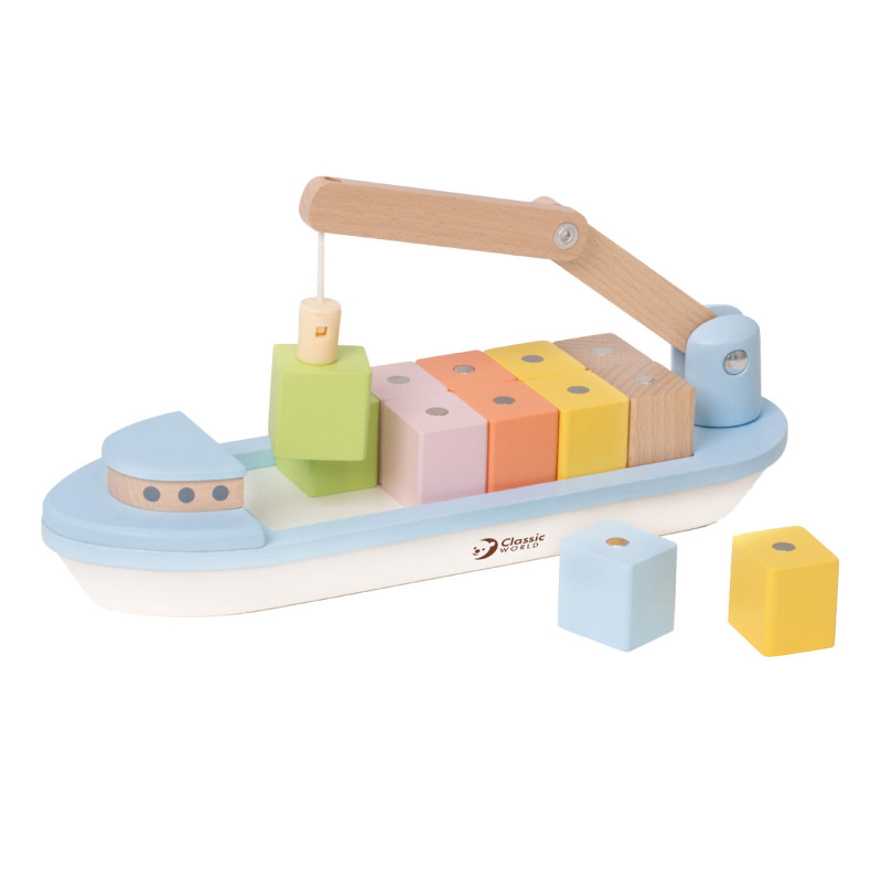 Classic World Wooden Block Boat with Crane, 13dlg. 20186