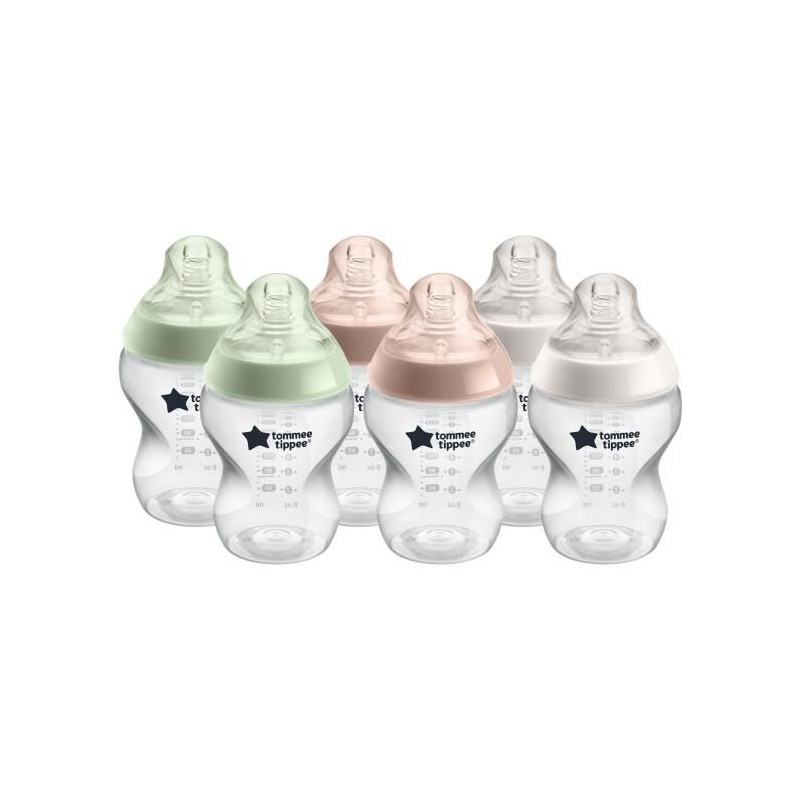 TOMMEE TIPPEE Biberons Closer to Nature, tétine imitant le sein maternel avec valve anti-colique, 260 ml, lot de 6, pastel