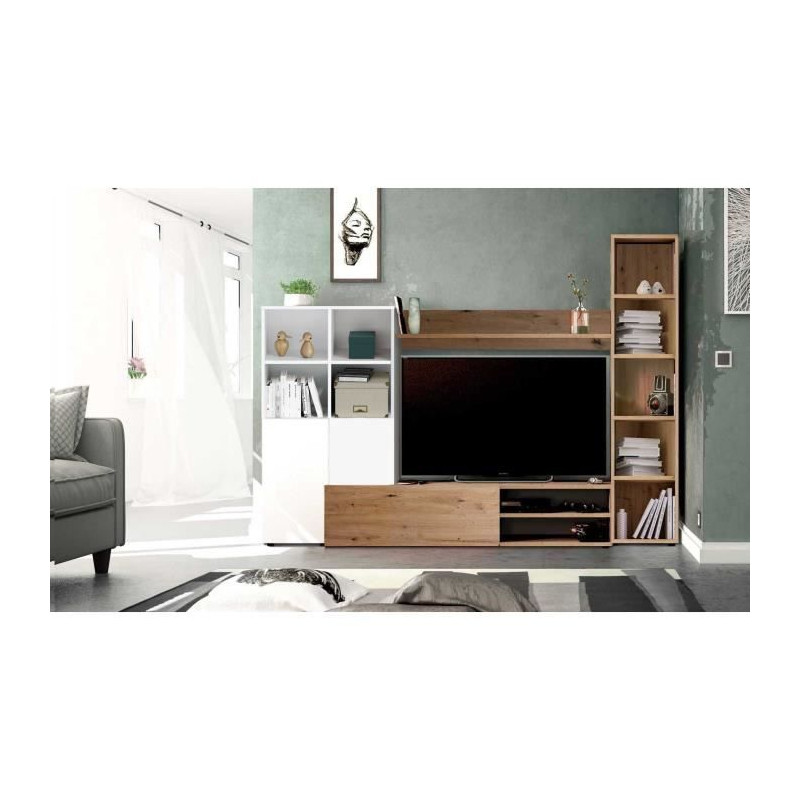 Ensemble Meuble TV LYRA : Vitrine + meuble TV + étagere - Mélaminé blanc et chene - 3 Portes - L240 x P41 x H180 cm