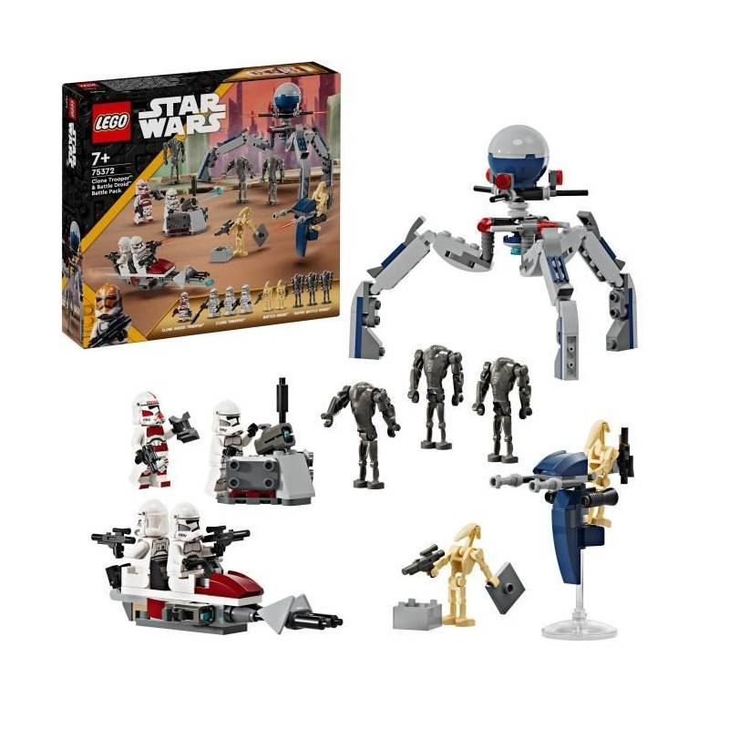 LEGO 75372 Star Wars Pack de Combat des Clone Troopers et Droides de Combat, Jouet avec Speeder Bike et Figurine