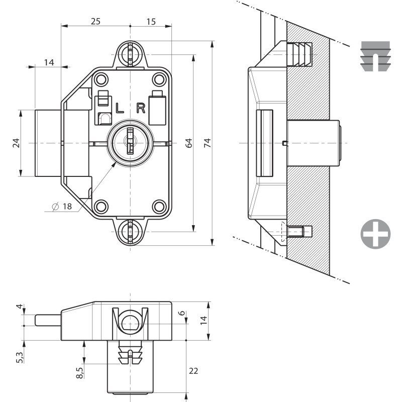 Serrure 32800 04 R1 nickelé pene de 9 RONIS 36900