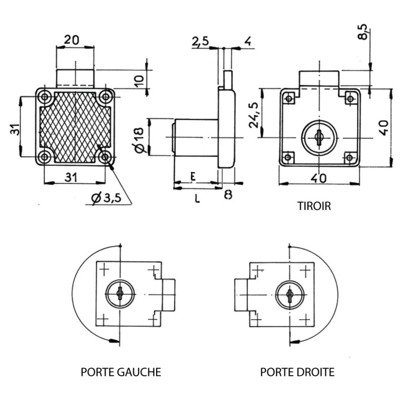 Serrure pour tiroir 4500 01 encloisonnée sur n° FH080 RONIS 35153