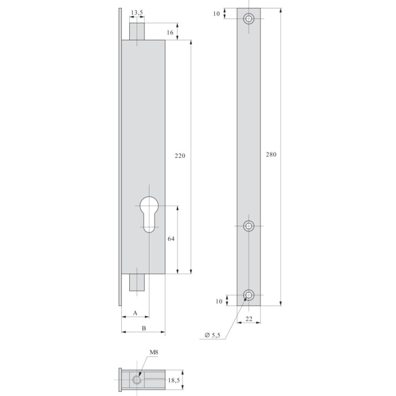 Serrure 2 points pour cylindre coffre de 39 mm variaxe STREMLER 2253.39.0