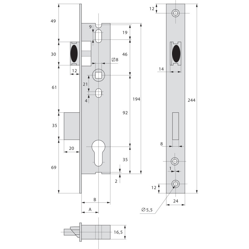 Serrure monopoint à larder pour profil étroit pêne dormant demi tour coffre 39mm têtière 24mm STREMLER 2260.39.0TP24