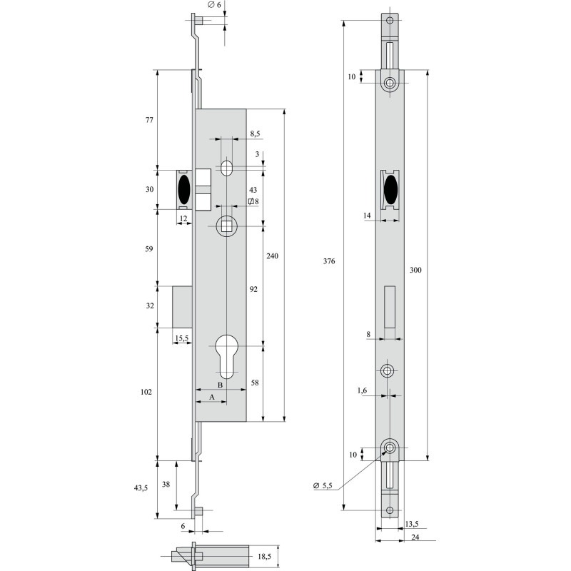 Serrure 3 points pêne dormant demi tour 36mm pour tringle plate STREMLER 2270.36.TI24