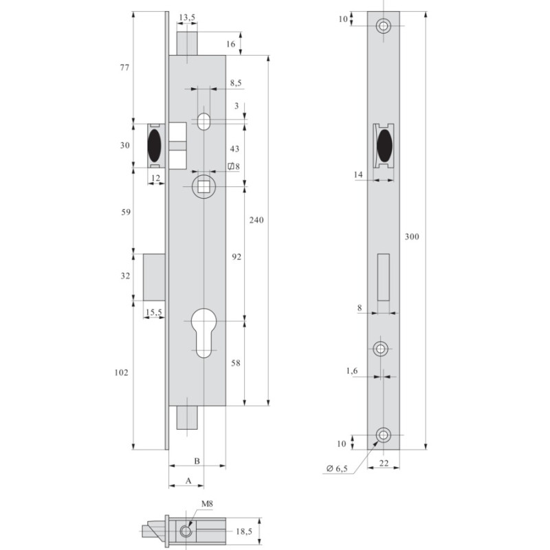 Serrure 3 points pêne dormant demi tour variaxe 41mm STREMLER 2270.41.0