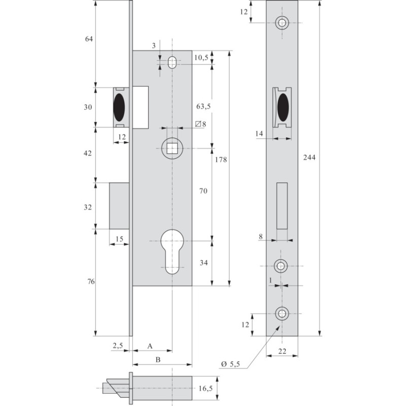 Serrure monopoint à larder cylindre pêne dormant demi tour longueur 45mm STREMLER 2460.45.0