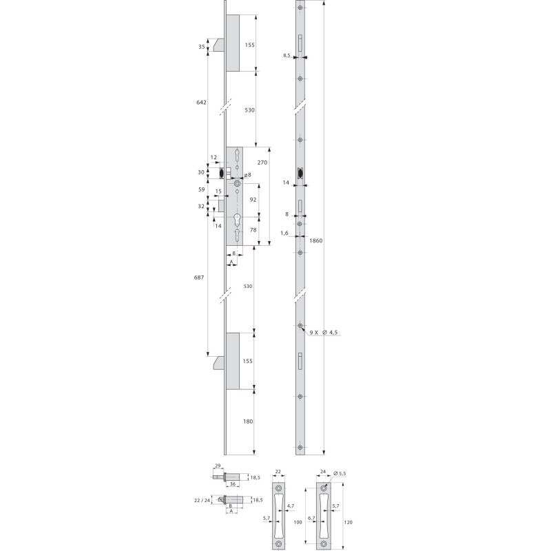 Serrure 3 points TF3 pêne dormant demi tour 36mm têtière en U 24x6mm STREMLER 6370.36.0A