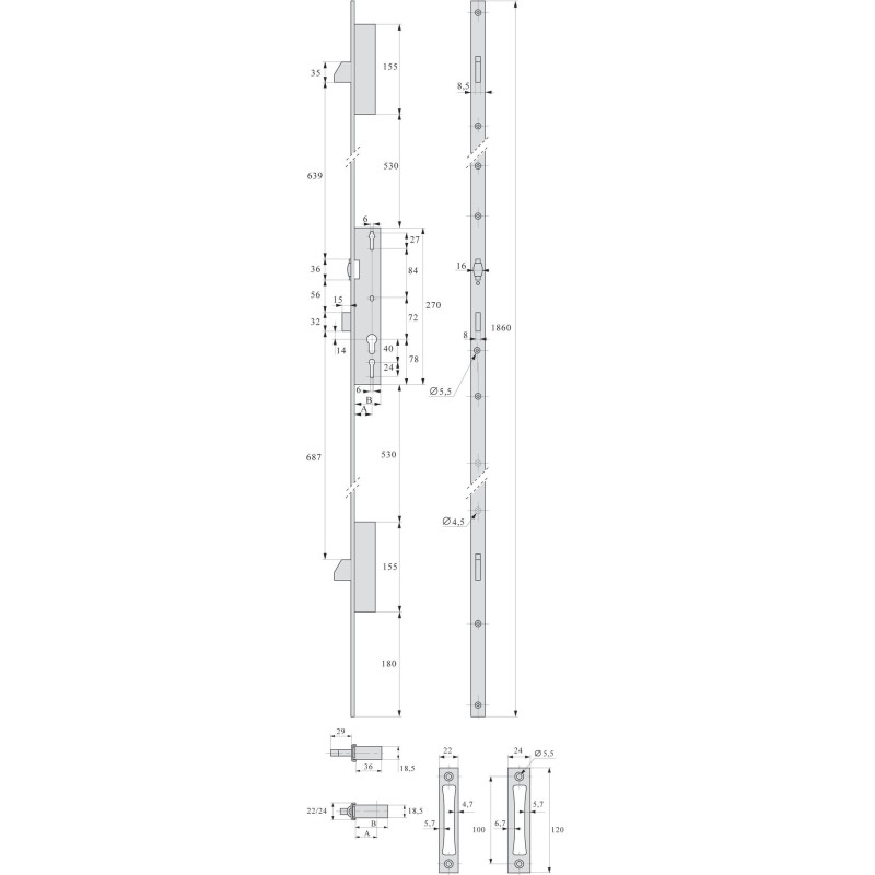 Serrure 3 points TF3 pêne dormant à rouleau 45 hauteur de 1860 mm STREMLER 6374.45.1A