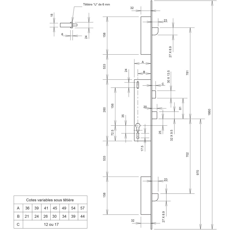 Serrure 3 points coffre 92MTX U7 36 METALUX F1U7360200