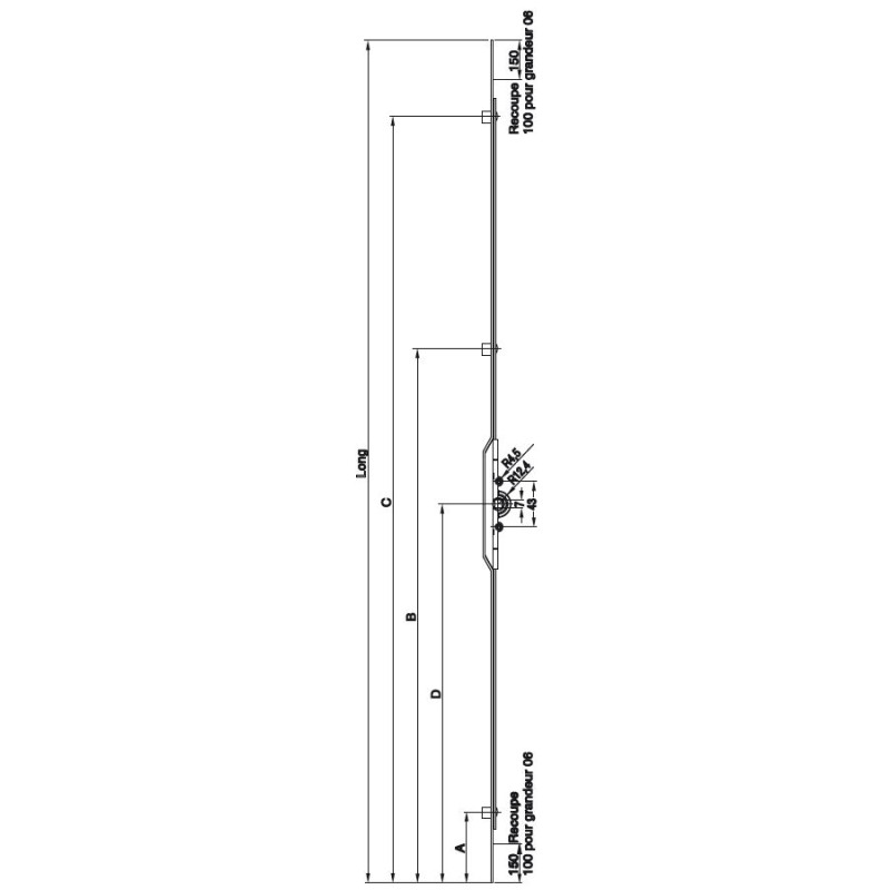 Crémone verrou F7.5 longueur 1200mm côte D 600mm à 3 galets FERCO G 13510 12 0 1