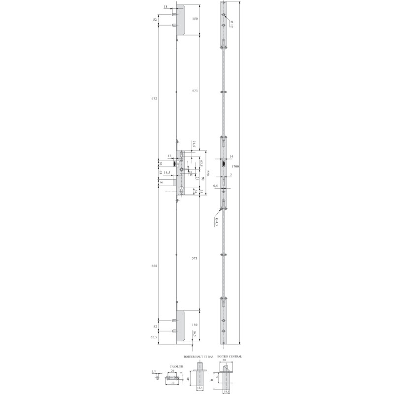 Serrure à larder 3 points TF pour profil acier pêne dormant demi tour Série 6270 A21mm H1700mm STREMLER 6270.36.0