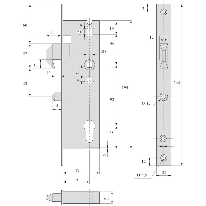 Serrure monopoint à larder Série 2565 pêne à mentonnet coffre 41mm STREMLER 2565.41.0