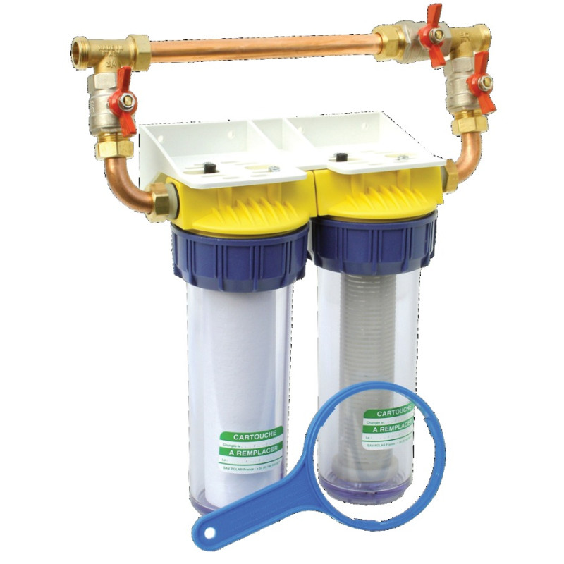 Double filtre 3 4 BYPASS anti calcaire avec équerre et cartouche POLAR FD34CBP