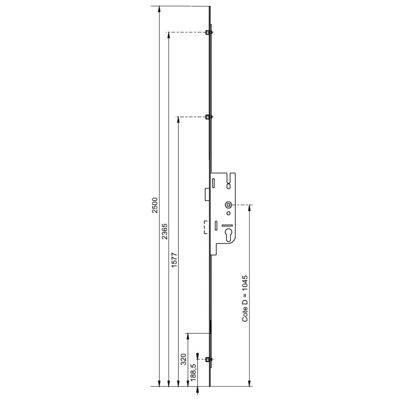 Crémone à larder EUROPA axe 50mm 3 galets têtière 18mm Longueur 2500mm FERCO 6 33168 04 0 1