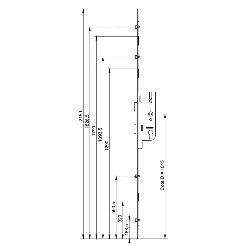 Crémone à larder EUROPA axe 40mm 4 galets carré 7 longueur 2150mm FERCO 6 33162 01 0 1