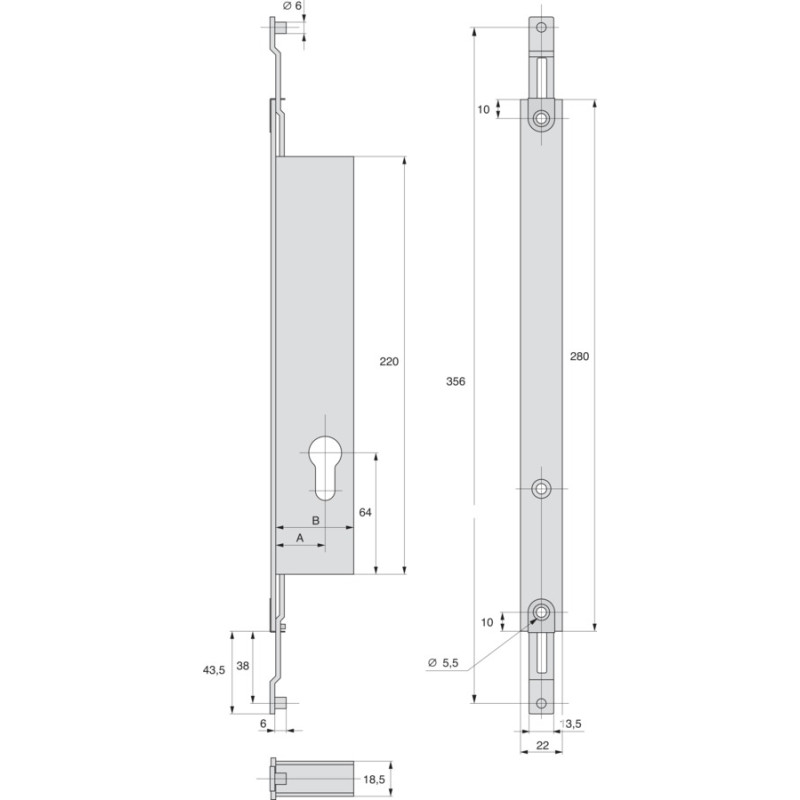 Serrure 2 points pour cylindre coffre de 41 mm pour tringle plate STREMLER 2253.41.TI24