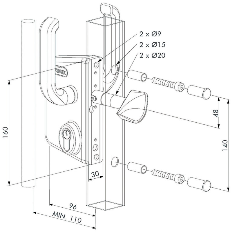 Serrure de portail coulissant pour profil carré 50x50mm LOCINOX LSKZ5050U2LZILVVSZS