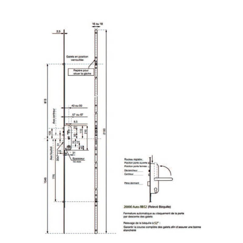 Serrure 4 points série 20215 automatique L2150mm Têtière 16mm Axe 40mm VACHETTE 26766000