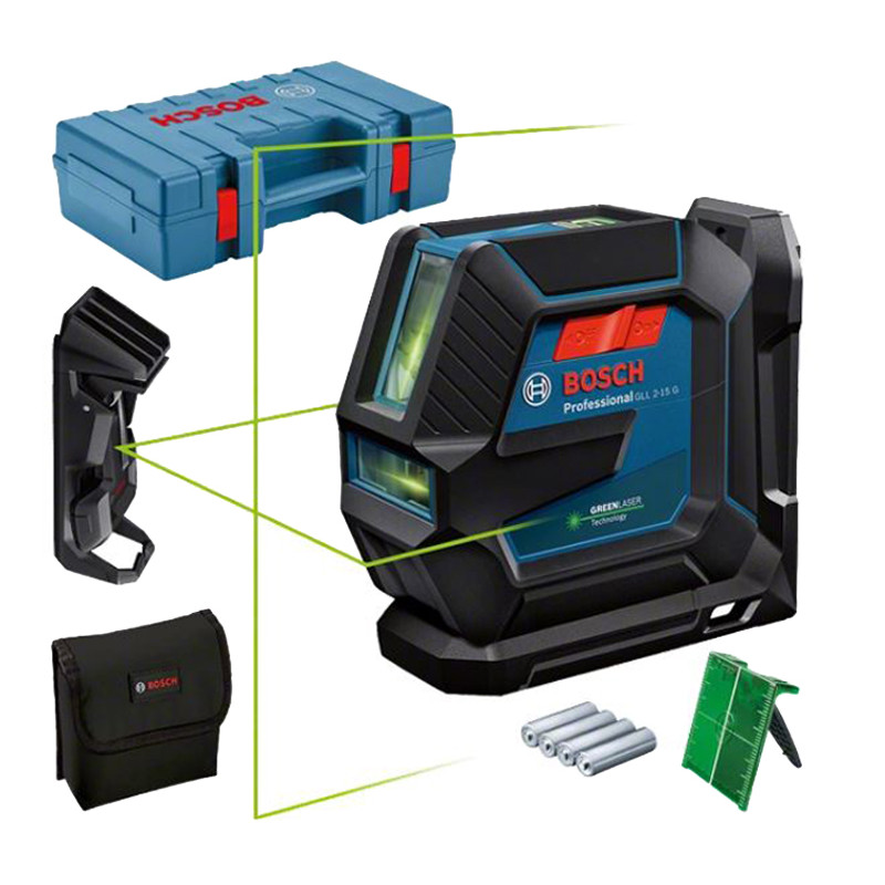 Laser vert 2 lignes 4x1,5V GLL 2 15 G + support LB + pince DK 10 C en coffret standard BOSCH 0601063W02