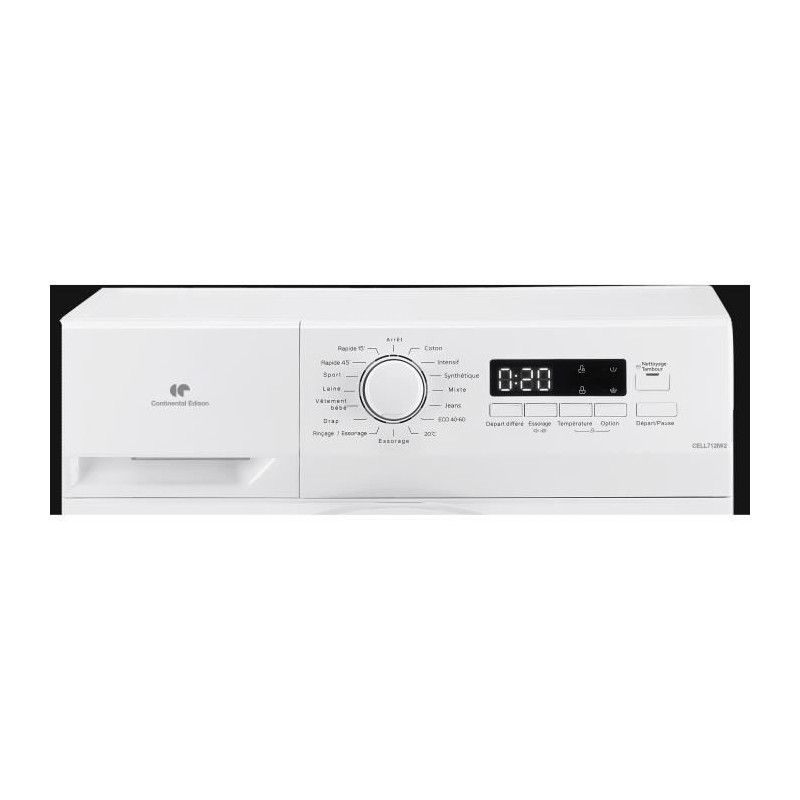 Lave-linge hublot CONTINENTAL EDISON CELL712IW2 - 7 kg - Largeur 59,5 cm - Classe A - 1200 trs/min - moteur induction - blanc