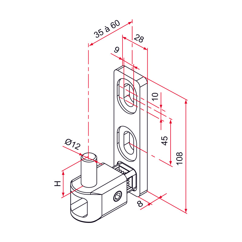 Gond MULTIFIX L réglage de 35 à 60mm pivot Ø12mm TIRARD NA619002