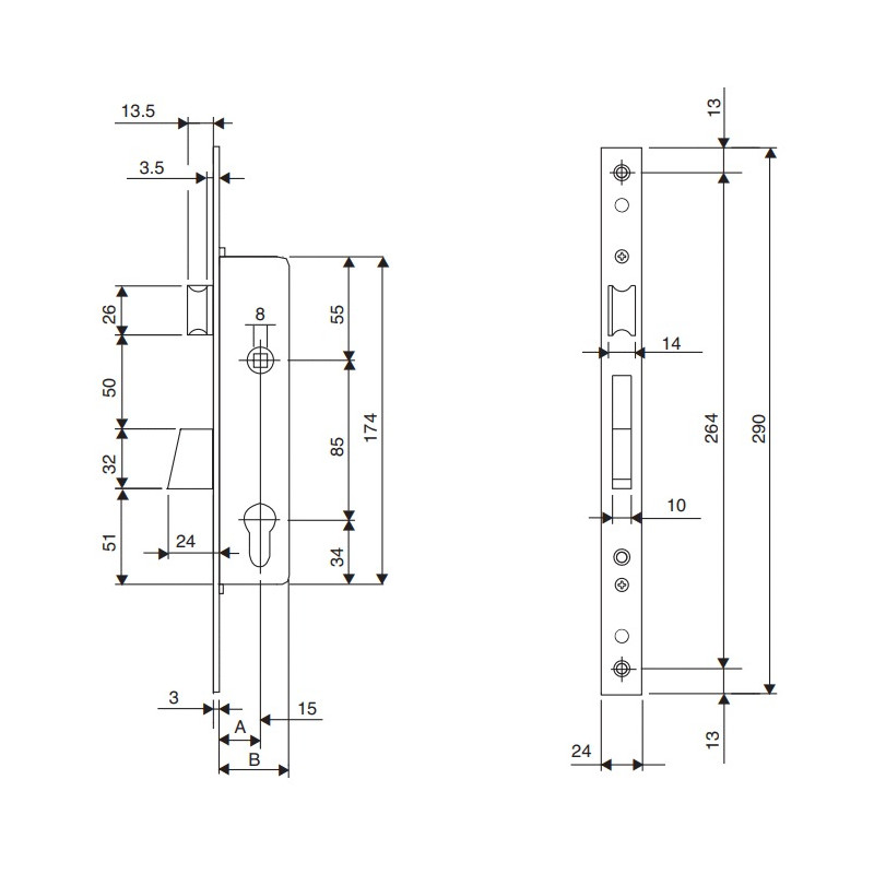 Monopoint à larder profil étroit pêne dormant demi tour ELECTRA A25 avec tétière ISEO 781251B