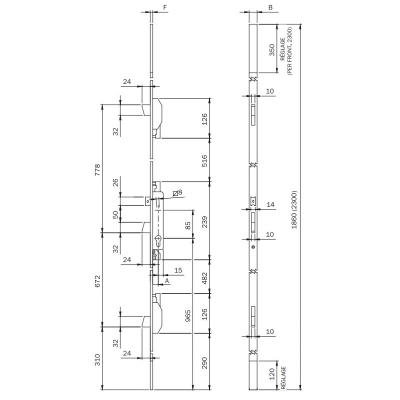 Serrure 3 points à larder ELECTA rouleau Axe 35mm têtière U inox ISEO 785201352