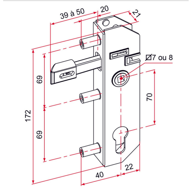 Serrure à encastrer GJ axe 30mm carré 7mm TIRARD GJ701302