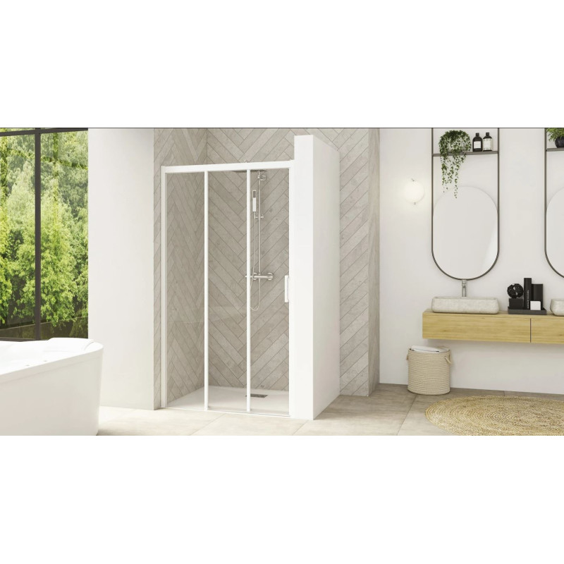 Paroi de douche SMART DESIGN 3V coulissants 140 profilé blanc avec verre transparent gauche KINEDO PA90268BTNEG