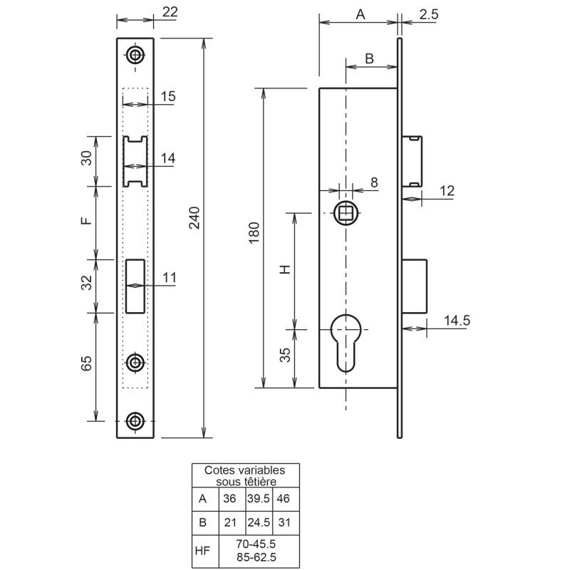 Serrure 1 point coffre 7 46 entraxe 85 METALUX F107460100