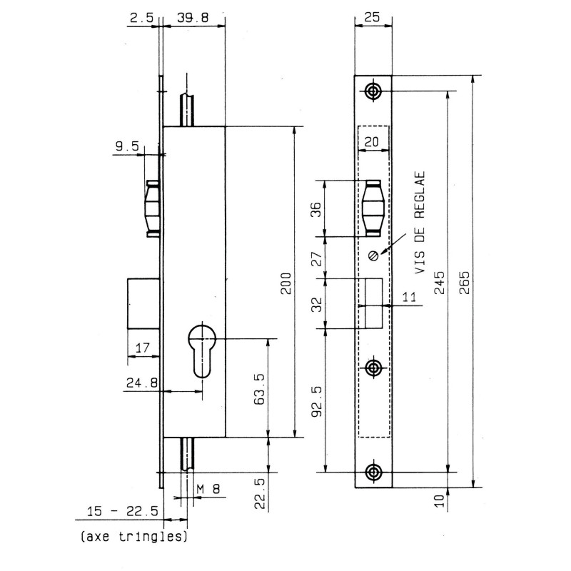 Serrure 3 points coffre 38 40 axe des tringle à 22 METALUX F138404000