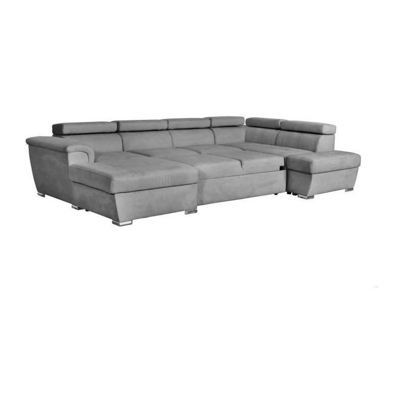 Canapé convertible panoramique PARMA 6 places - Tissu gris clair - L322 x P196 x H76 cm