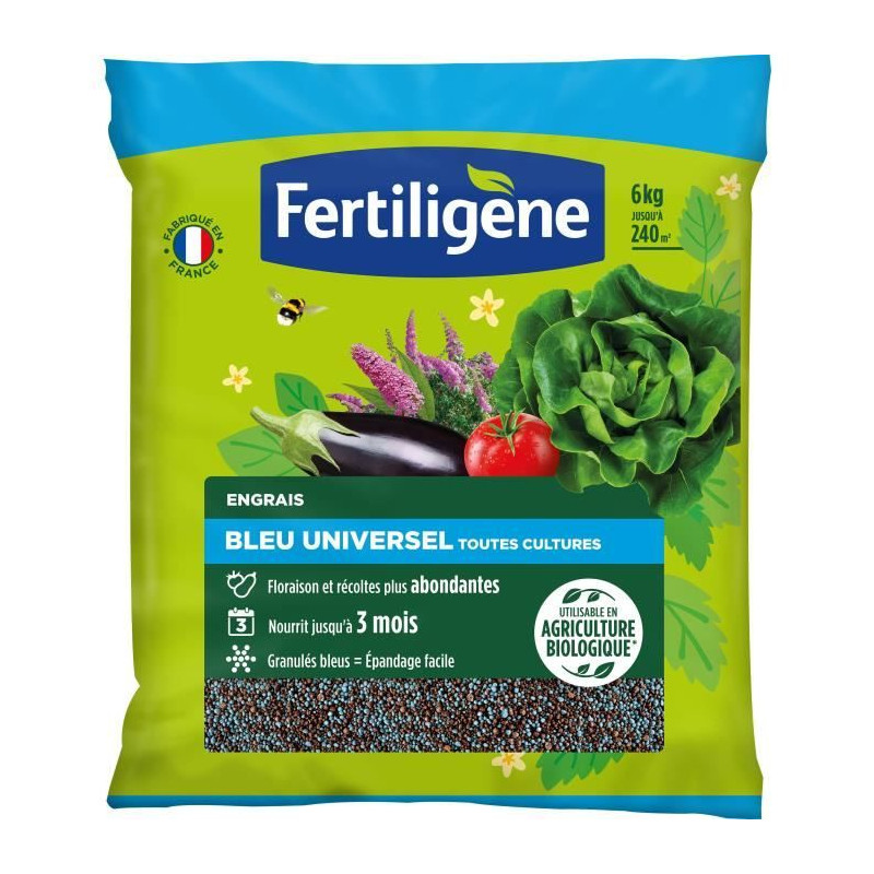 FERTILIGENE FBLEUBIO6 - Engrais Bleu Universel 6 kg - Floraison et récoltes abondantes - Nourrit jusqu'a 3 mois - Pour 240m²