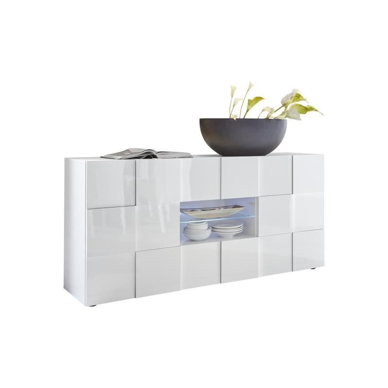 Buffet MILANO - Décor blanc laqué brillant - 2 portes 2 tiroirs - L181 x P43 x H84 cm