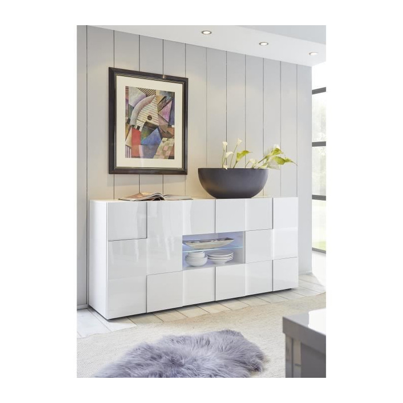 Buffet MILANO - Décor blanc laqué brillant - 2 portes 2 tiroirs - L181 x P43 x H84 cm