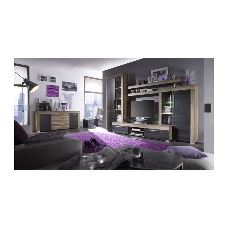 Ensemble meuble TV BOOM - TREND TEAM - 5 Portes - LED - Noyer satiné et chene brun foncé