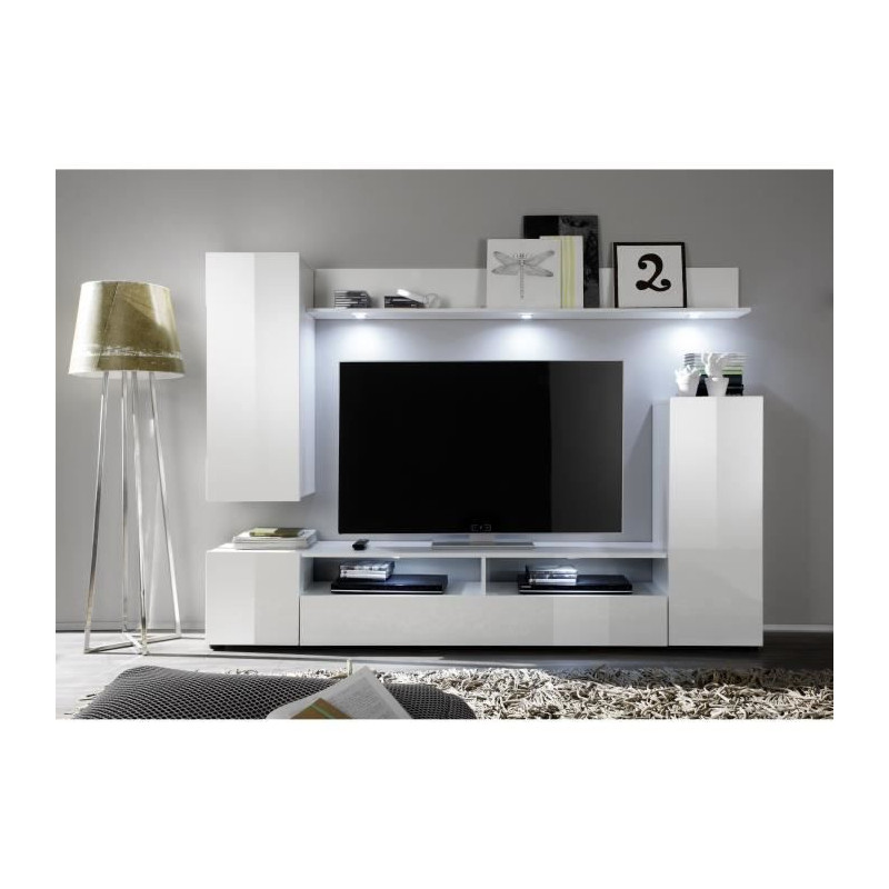 Ensemble meuble TV DOS - 3 Portes - LED - Mélamine blanc mat et brillant - L208 x P33 x H165 cm