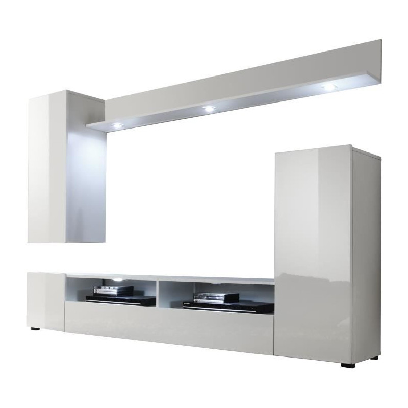 Ensemble meuble TV DOS - 3 Portes - LED - Mélamine blanc mat et brillant - L208 x P33 x H165 cm