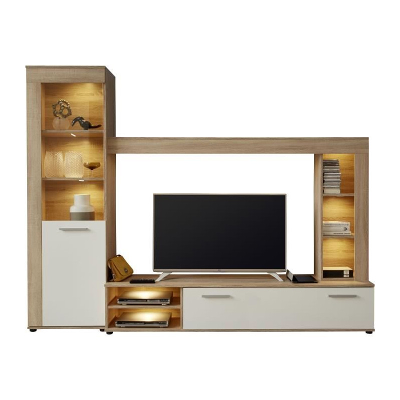 Ensemble meuble TV LOGO - 1 Porte - LED - Mélamine chene clair et blanc mat - L240 x P41 x H185 cm - TRENDTEAM