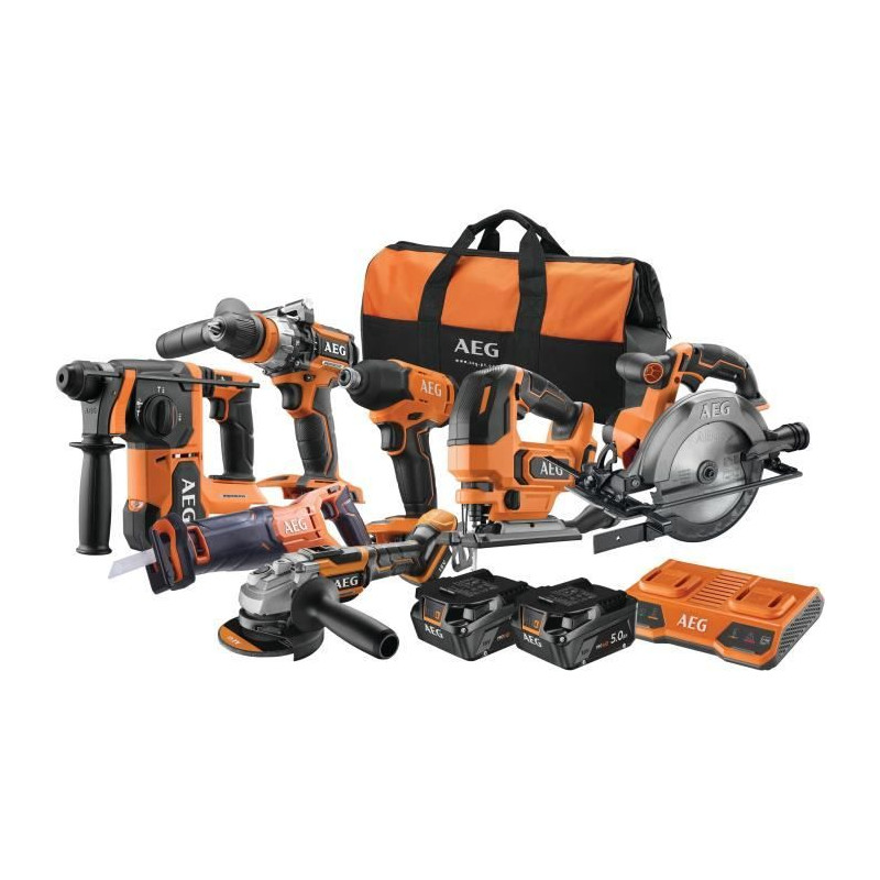 Pack perceuse a percussion + perforateur + visseuse a chocs + meuleuse 125mm - AEG POWERTOOLS - 18 V - Avec batteries et chargeu