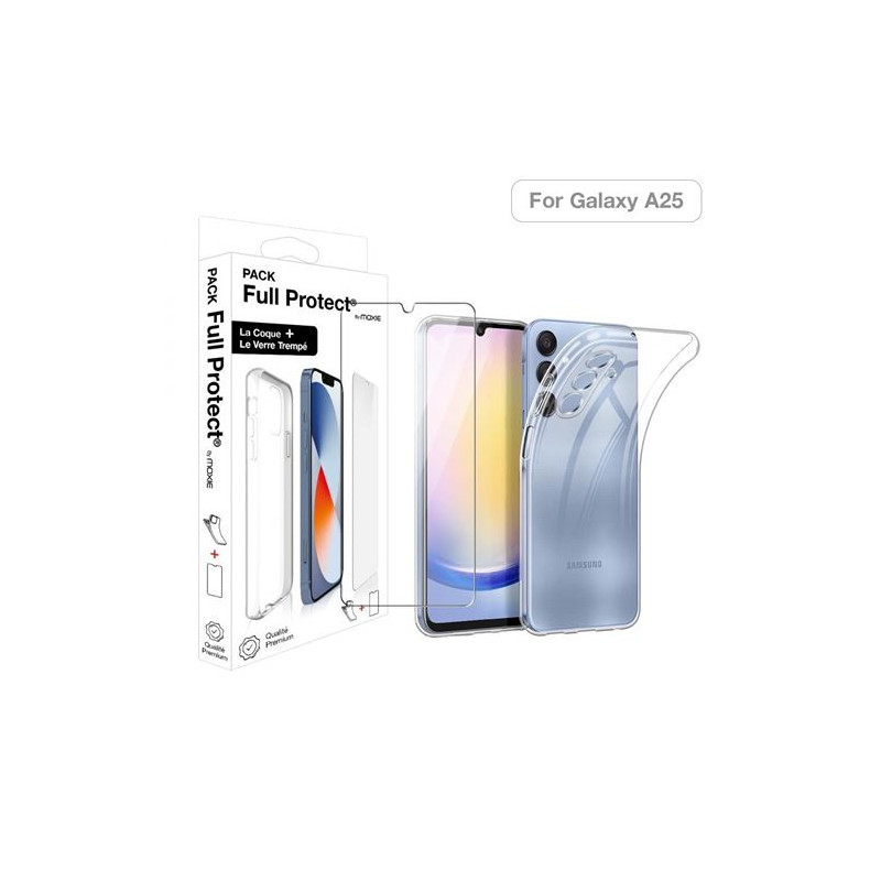 Pack protection complète écran en verre trempé Moxie + coque pour Samsung Galaxy A25 Transparent